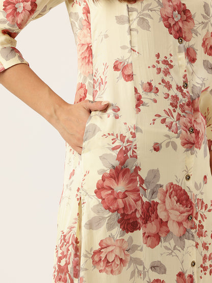 Ivory Floral Printed Mandarin Collar A-Line Kurta