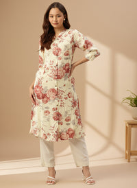Ivory Floral Printed Mandarin Collar A-Line Kurta