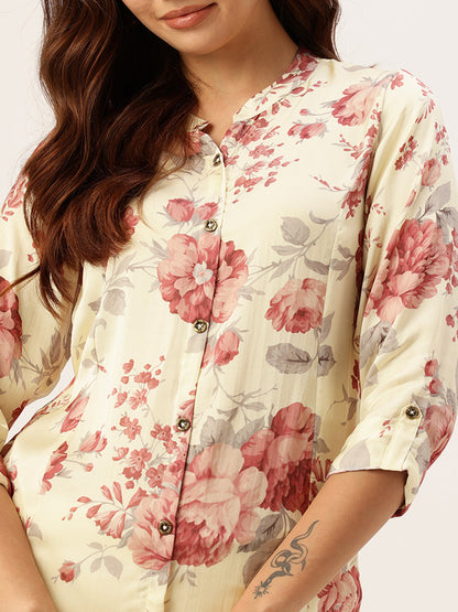 Ivory Floral Printed Mandarin Collar A-Line Kurta