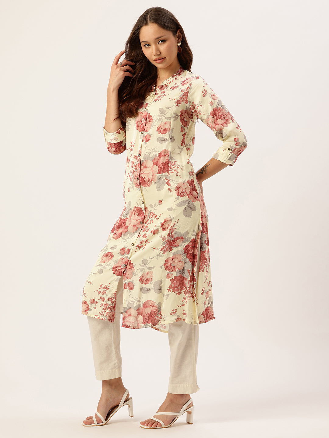 Ivory Floral Printed Mandarin Collar A-Line Kurta