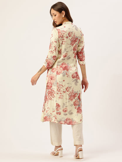 Ivory Floral Printed Mandarin Collar A-Line Kurta