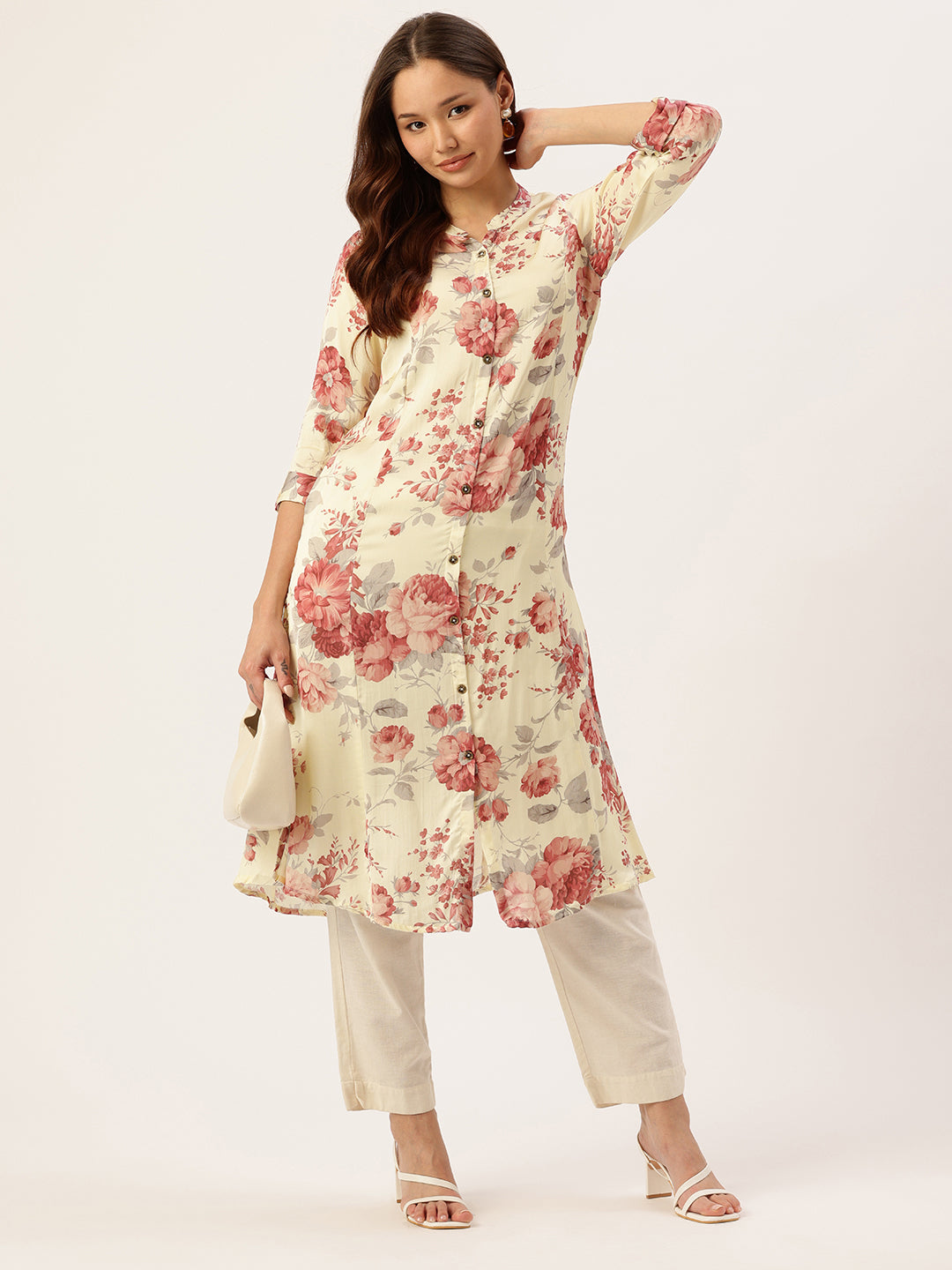 Ivory Floral Printed Mandarin Collar A-Line Kurta