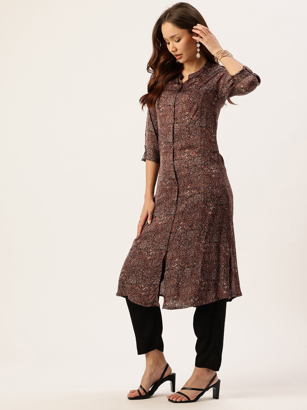 Multi Color Ethnic Motifs Printed Mandarin Collar Kurta