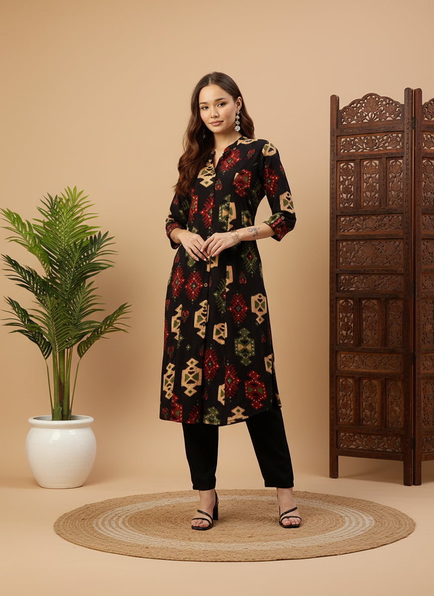 Black Geometric Printed A-Line Kurta