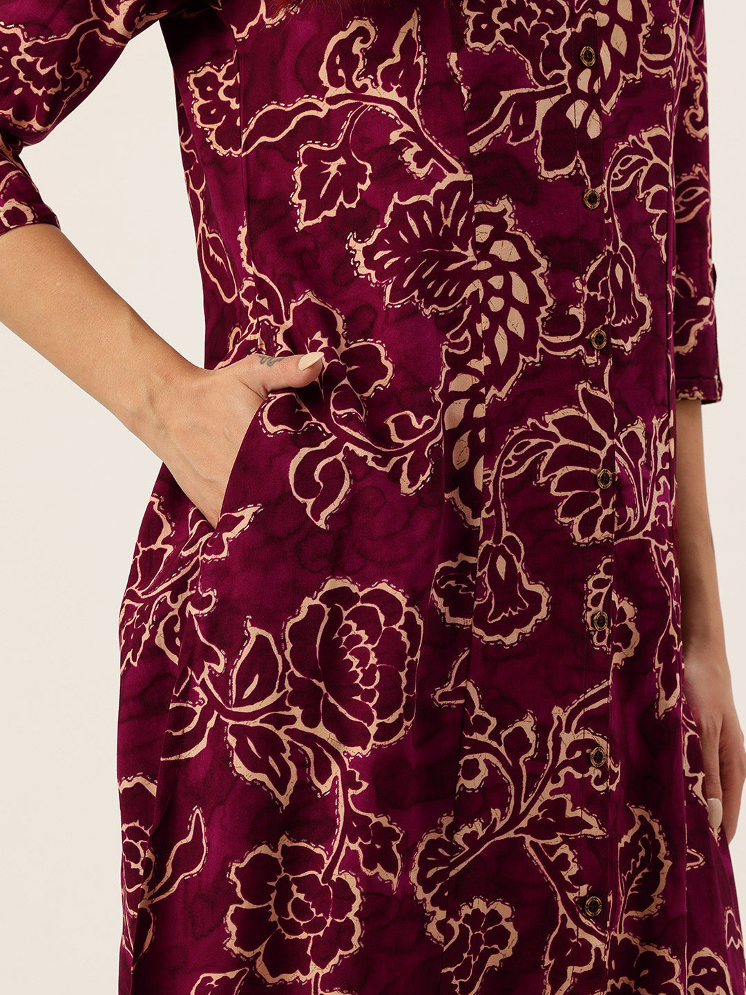Wine Floral Printed A-Line Kurta