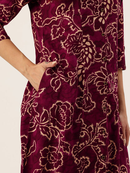 Wine Floral Printed A-Line Kurta