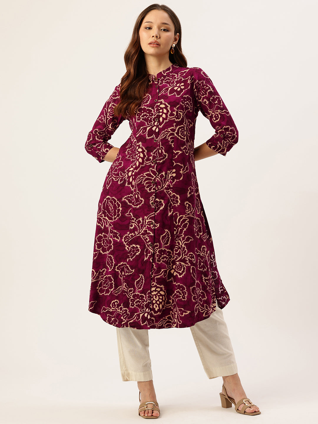 Wine Floral Printed A-Line Kurta