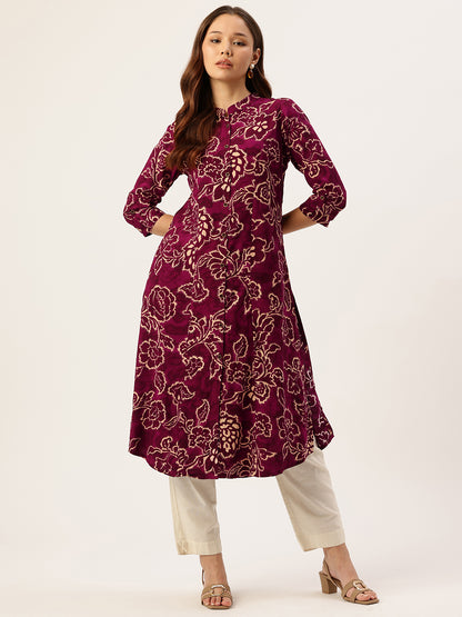 Wine Floral Printed A-Line Kurta