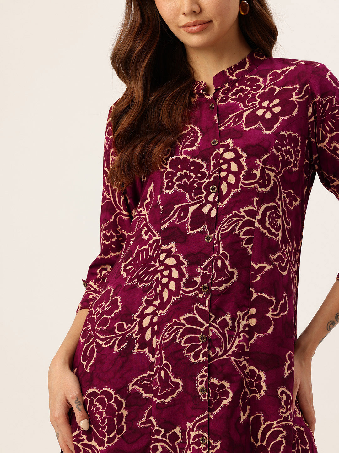 Wine Floral Printed A-Line Kurta
