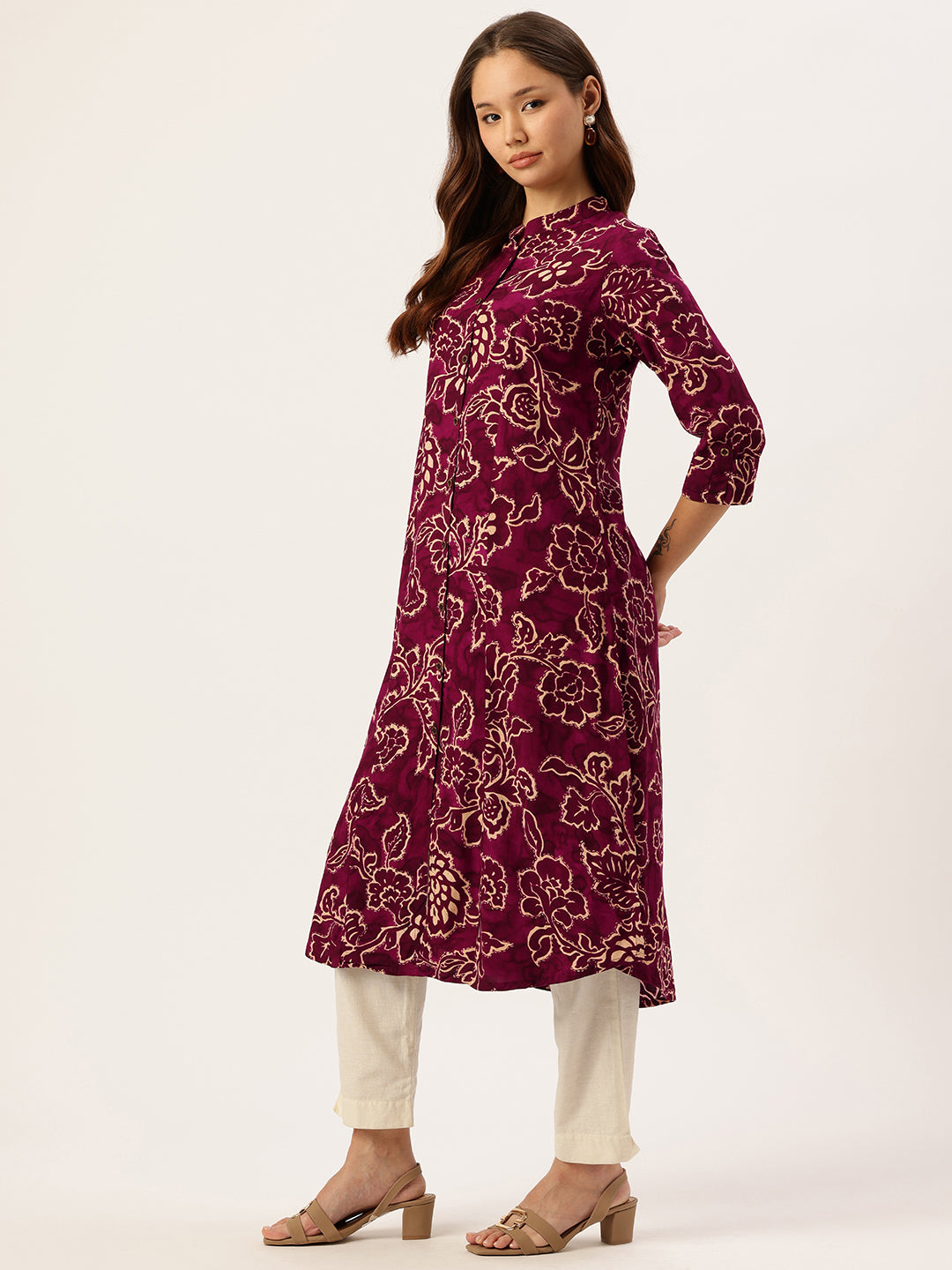 Wine Floral Printed A-Line Kurta