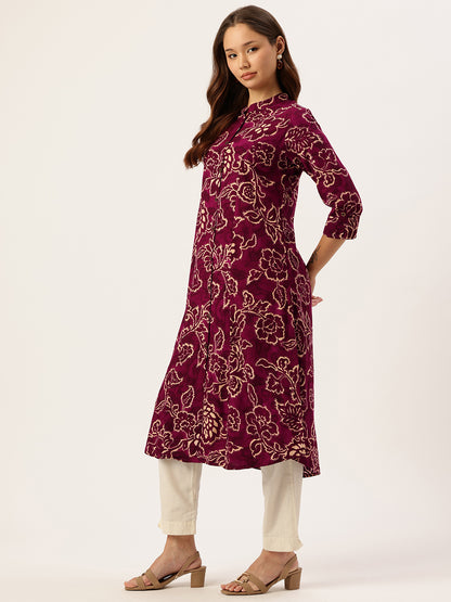 Wine Floral Printed A-Line Kurta
