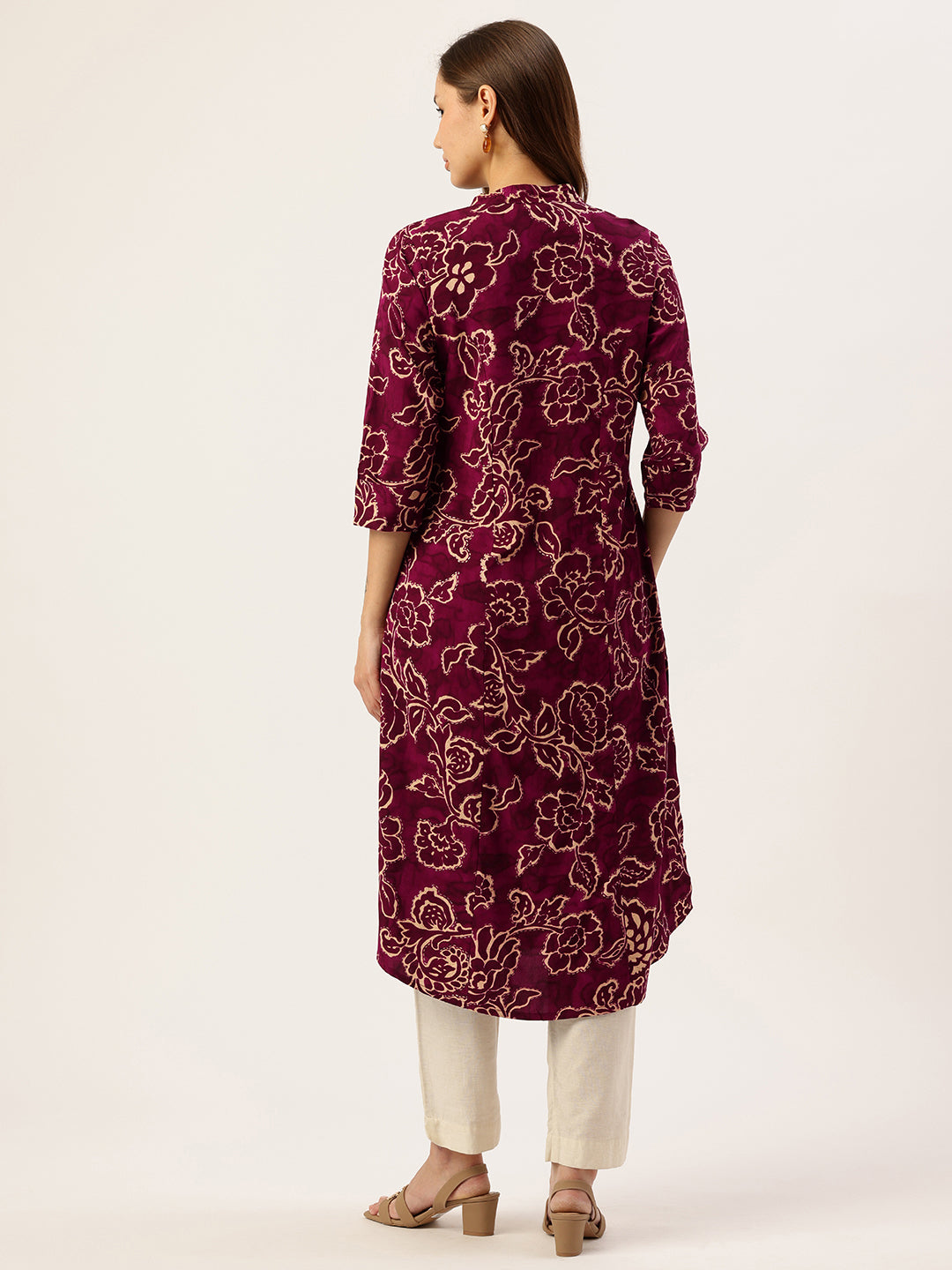 Wine Floral Printed A-Line Kurta