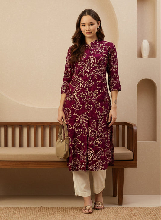 Wine Floral Printed A-Line Kurta