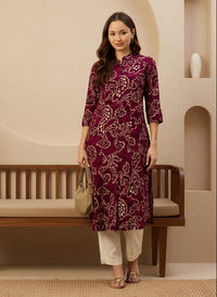 Wine Floral Printed A-Line Kurta