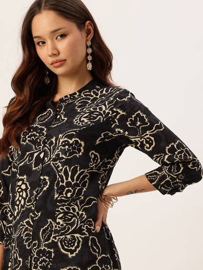 Navy Blue Floral Printed A-Line Kurta