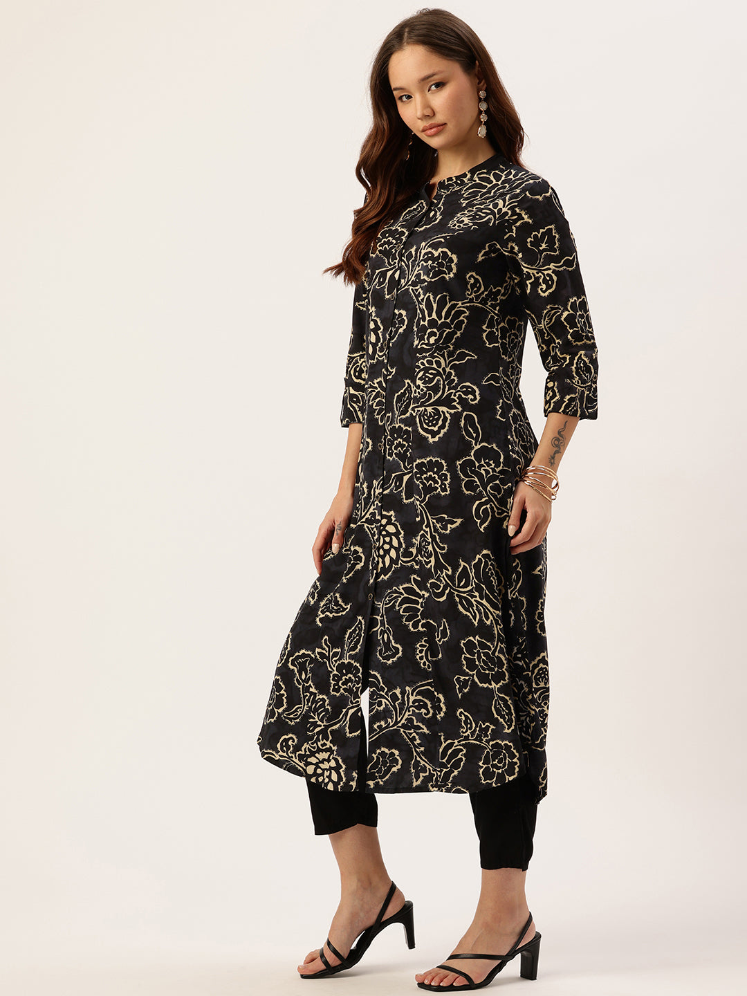 Navy Blue Floral Printed A-Line Kurta