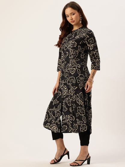 Navy Blue Floral Printed A-Line Kurta