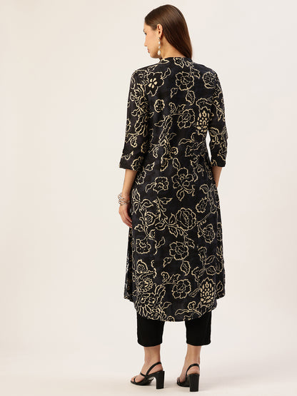 Navy Blue Floral Printed A-Line Kurta