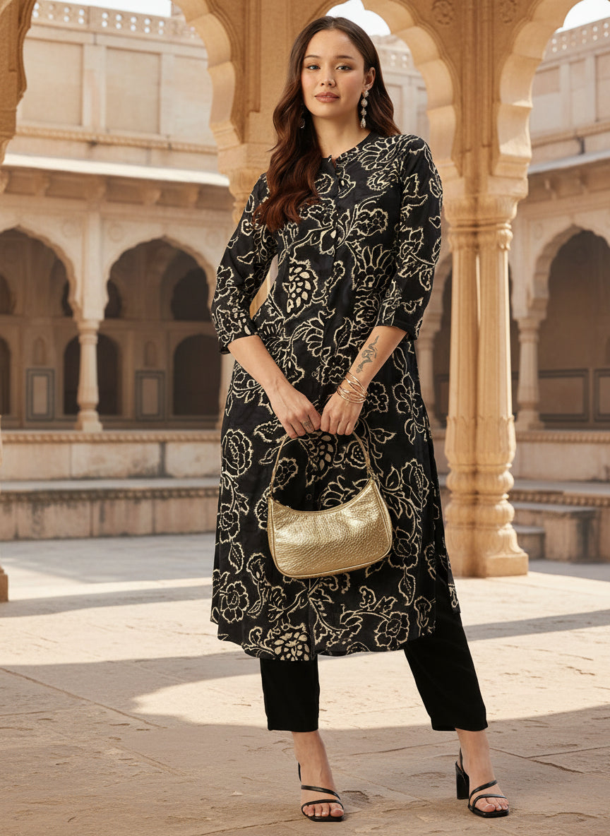 Navy Blue Floral Printed A-Line Kurta