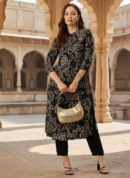 Navy Blue Floral Printed A-Line Kurta