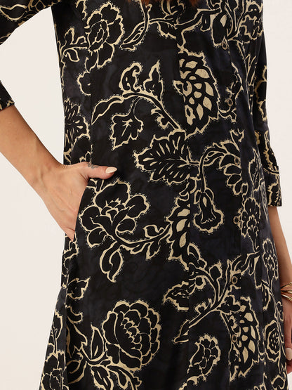 Navy Blue Floral Printed A-Line Kurta