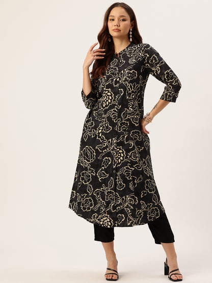 Navy Blue Floral Printed A-Line Kurta
