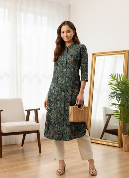 Green Tropical Printed A-Line Kurta