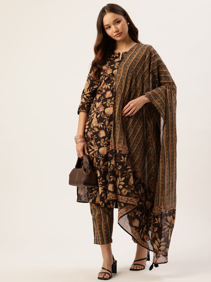 Black Floral Printed Pure Cotton Kurta with Trousers & Dupatta