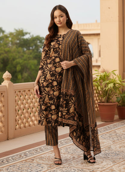 Black Floral Printed Pure Cotton Kurta with Trousers & Dupatta