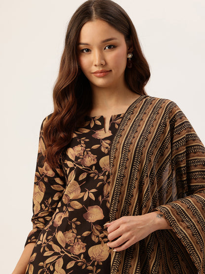 Black Floral Printed Pure Cotton Kurta with Trousers & Dupatta