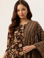 Black Floral Printed Pure Cotton Kurta with Trousers & Dupatta