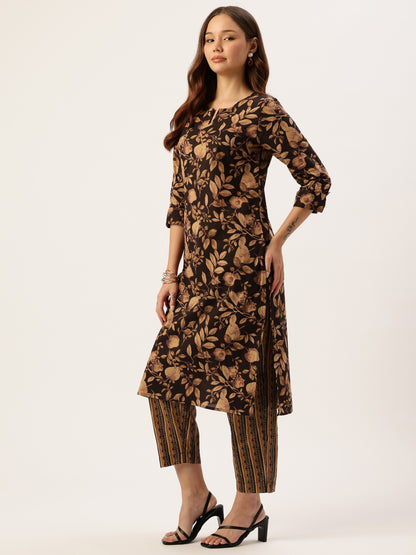 Black Floral Printed Pure Cotton Kurta with Trousers & Dupatta