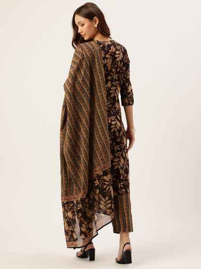 Black Floral Printed Pure Cotton Kurta with Trousers & Dupatta