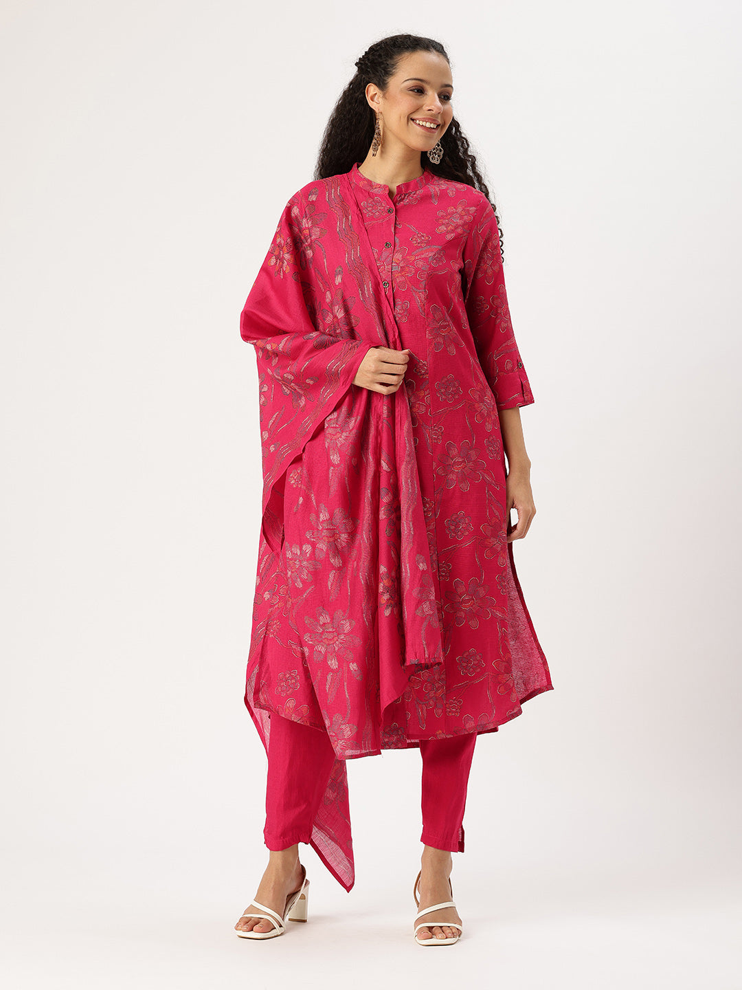 Pink Floral Printed Kurta with Trousers & With Dupatta