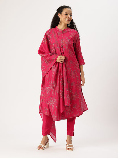 Pink Floral Printed Kurta with Trousers & With Dupatta