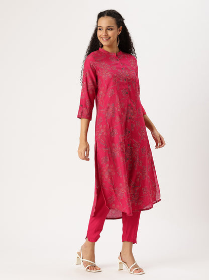 Pink Floral Printed Kurta with Trousers & With Dupatta,Floral Printed Kurta Set, Ethnic Wear Kurta Set, Dupatta Set, Festive Wear Kurti Set