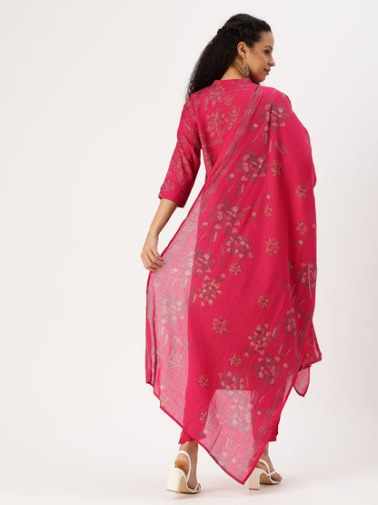 Pink Floral Printed Kurta with Trousers & With Dupatta,Floral Printed Kurta Set, Ethnic Wear Kurta Set, Dupatta Set, Festive Wear Kurti Set