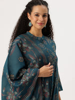 Teal Blue Floral Printed Kurta with Trousers & With Dupatta