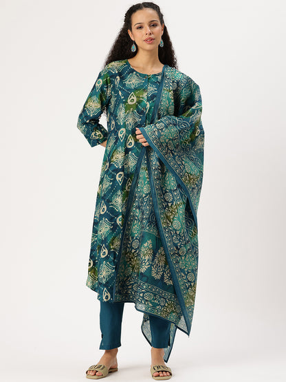 Blue Ethnic Motifs Printed Kurta with Trousers & With Dupatta,Floral Printed Kurta Set, Ethnic Wear Kurta Set, Dupatta Set, Festive Wear Kurti Set, Round Neck Kurta Set 