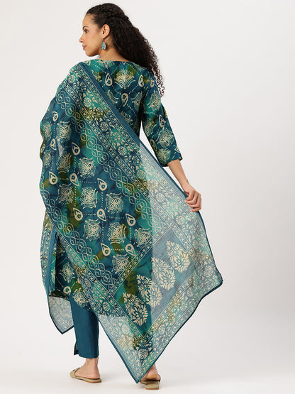 Blue Ethnic Motifs Printed Kurta with Trousers & With Dupatta,Floral Printed Kurta Set, Ethnic Wear Kurta Set, Dupatta Set, Festive Wear Kurti Set, Round Neck Kurta Set 