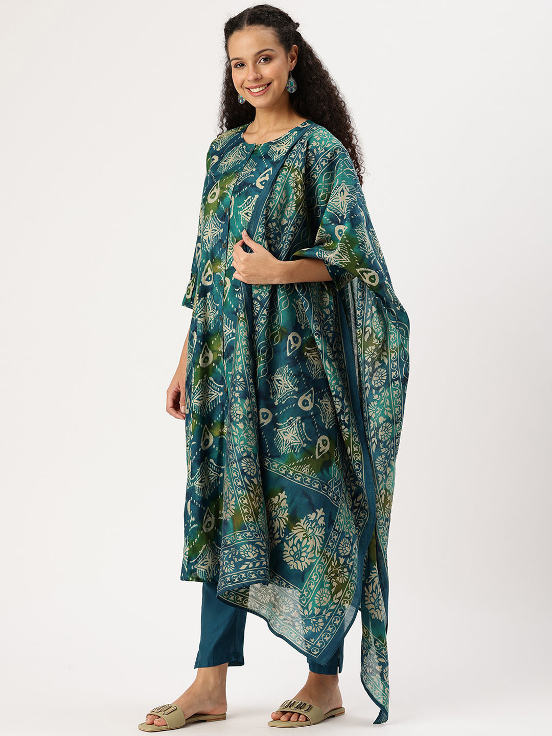 Blue Ethnic Motifs Printed Kurta with Trousers & With Dupatta,Floral Printed Kurta Set, Ethnic Wear Kurta Set, Dupatta Set, Festive Wear Kurti Set, Round Neck Kurta Set 