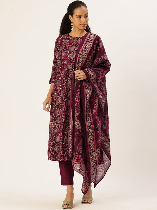 Maroon Ethnic Motifs Printed Kurta with Trousers & With Dupatta, Maroon kurta set, Ethnic kurta set, Printed kurta, Kurta with trousers, Kurta with dupatta, Womens ethnic wear, Indian wear, Festive wear, Traditional wear, Ethnic motifs