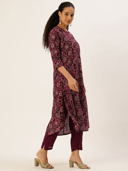 Maroon Ethnic Motifs Printed Kurta with Trousers & With Dupatta, Maroon kurta set, Ethnic kurta set, Printed kurta, Kurta with trousers, Kurta with dupatta, Womens ethnic wear, Indian wear, Festive wear, Traditional wear, Ethnic motifs