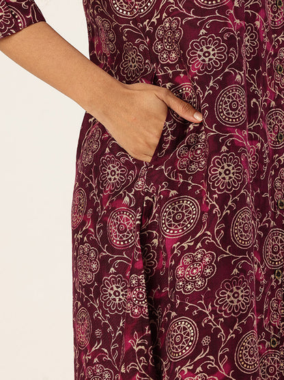 Maroon Ethnic Motifs Printed Kurta with Trousers & With Dupatta, Maroon kurta set, Ethnic kurta set, Printed kurta, Kurta with trousers, Kurta with dupatta, Womens ethnic wear, Indian wear, Festive wear, Traditional wear, Ethnic motifs