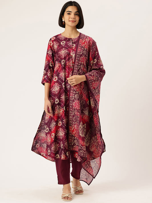 Maroon Floral Printed Roll-Up Sleeves A-Line Kurta & Trousers With Dupatta, Maroon kurta set, floral printed kurta set, A-line kurta set, kurta trouser dupatta set, women ethnic wear, Indian ethnic wear, printed kurta set, roll-up sleeves kurta set, maroon floral kurta set, festive wear for women kurta set