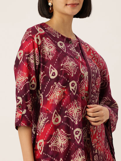 Maroon Floral Printed Roll-Up Sleeves A-Line Kurta & Trousers With Dupatta, Maroon kurta set, floral printed kurta set, A-line kurta set, kurta trouser dupatta set, women ethnic wear, Indian ethnic wear, printed kurta set, roll-up sleeves kurta set, maroon floral kurta set, festive wear for women kurta set