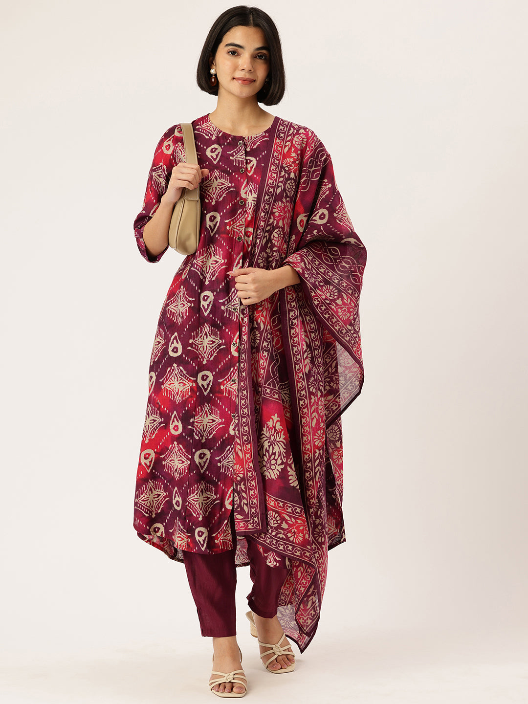 Maroon Floral Printed Roll-Up Sleeves A-Line Kurta & Trousers With Dupatta, Maroon kurta set, floral printed kurta set, A-line kurta set, kurta trouser dupatta set, women ethnic wear, Indian ethnic wear, printed kurta set, roll-up sleeves kurta set, maroon floral kurta set, festive wear for women kurta set