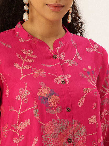 Pink Floral Printed Kurta with Trousers & With Dupatta, pink kurta set, floral printed kurta, kurta with trousers, kurta with dupatta, Womens ethnic wear, Indian ethnic wear, floral kurta set, pink ethnic wear, kurta pant set, 3 piece kurta set
