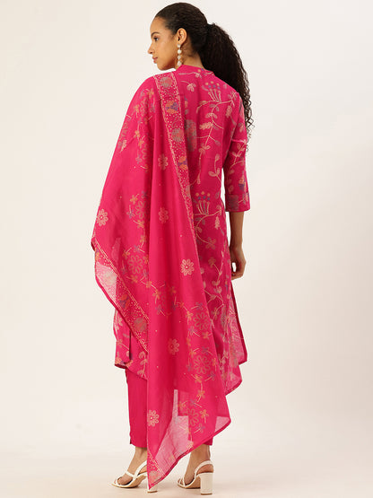 Pink Floral Printed Kurta with Trousers & With Dupatta, pink kurta set, floral printed kurta, kurta with trousers, kurta with dupatta, Womens ethnic wear, Indian ethnic wear, floral kurta set, pink ethnic wear, kurta pant set, 3 piece kurta set