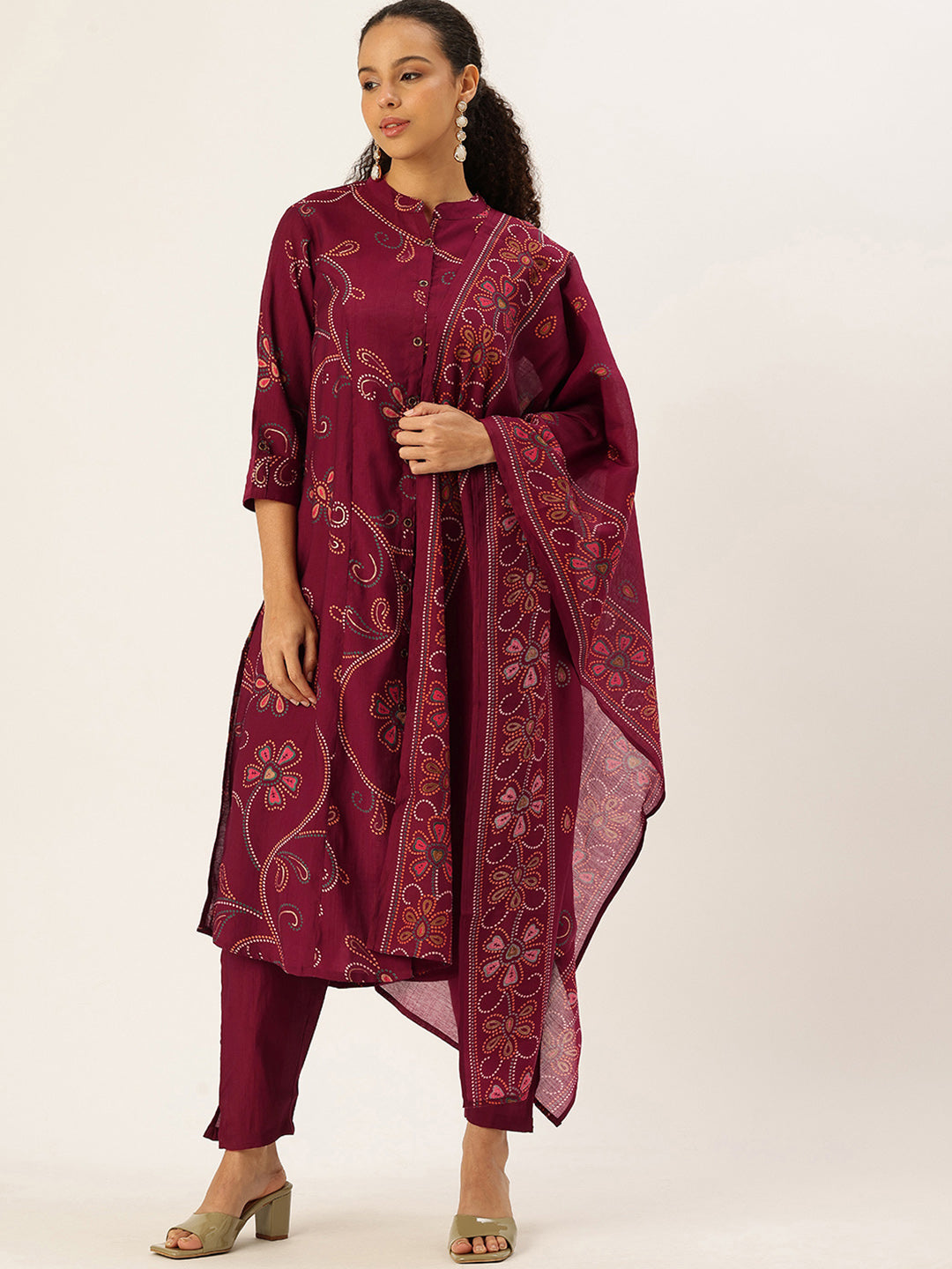 Maroon Printed Kurta with Trousers & With Dupatta